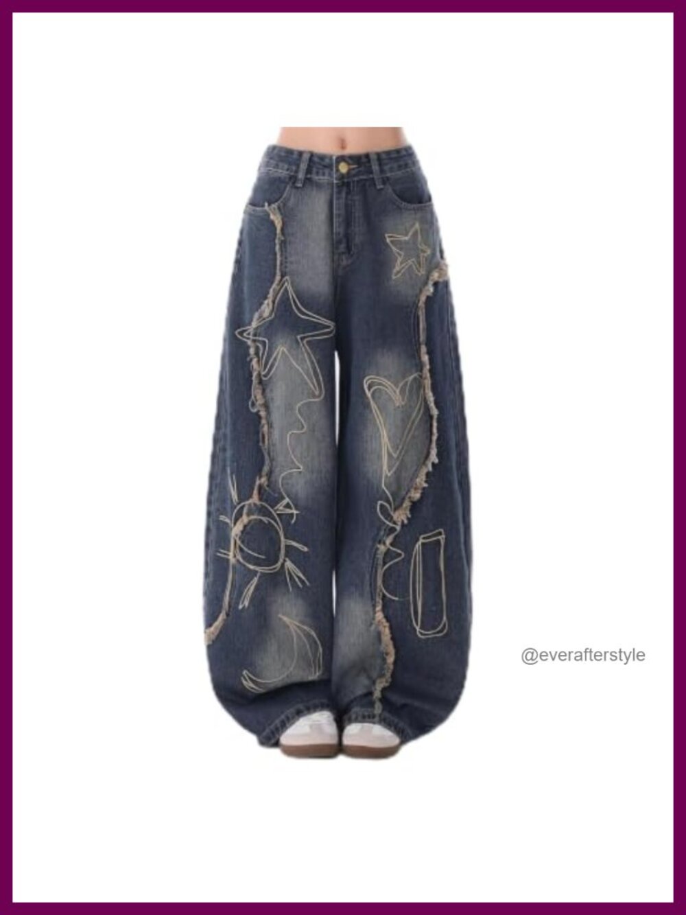 Women's Baggy Barrel Jeans Embroidered Star Low Rise Wide Leg Denim Pants